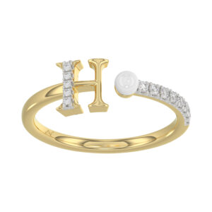 Stylish 10K Yellow Gold Ladies Ring Featuring Letter “H”, Luminous Pearl, And Round Diamond Accents. A Delicate 0.10Ct Fine Jewelry Piece.