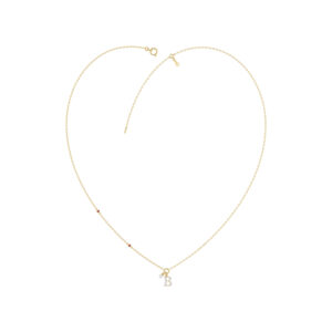 Stylish 10K Yellow Gold Ladies “B” Letter Necklace Featuring Round Ruby Diamonds And Pearl Accents. A Delicate And Personalized Fine Jewelry