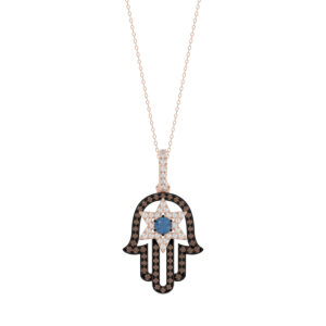 Elegant 14K Rose Gold Hamsa Hand Pendant For Women Featuring 0.50 Ct Round, Dark Brown, And Blue Diamonds. Includes Chain For A Complete Luxury Look.