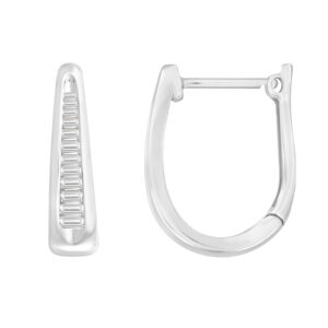 Sterling Silver White 0.15CT Baguette Diamond Hoop Earrings In Elegant Diamond For Women