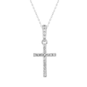 Elegant Sterling Silver Cross Pendant With Chain 0.05CT Round Diamond